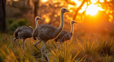 ai gegenereerd drie struisvogels wandelen in de gras Bij zonsondergang foto