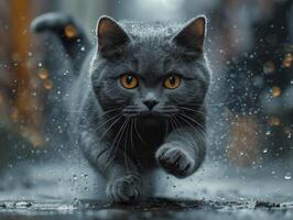 ai gegenereerd Brits kort haar kat rennen in de regen met water druppels vliegend in de omgeving van foto