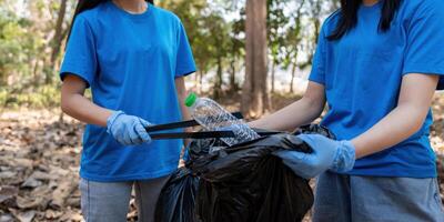 vrijwilliger verzamelen plastic uitschot in de Woud. de concept van milieu behoud. globaal milieu vervuiling. schoonmaak de Woud foto