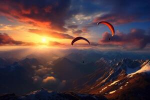 ai gegenereerd spectaculair paragliders bergen zonsondergang achtergrond. genereren ai foto