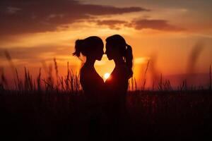 ai gegenereerd inschrijving silhouet van een liefhebbend lesbienne paar aanraken neuzen gedurende een pittoreske zonsondergang in een veld- foto