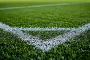 ai gegenereerd detailopname van voetbal veld- hoek lijn Aan weelderig gras foto