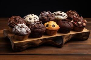 ai gegenereerd decadent chocola muffins toetje bord. genereren ai foto