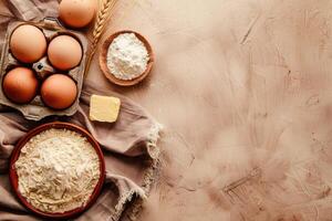 ai gegenereerd bakken ingrediënten. producten voor maken deeg Aan een blanco achtergrond met kopiëren ruimte foto