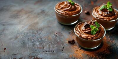 ai gegenereerd chocola mousse versierd met munt bladeren en chocola stukken Aan een donker steen tafelblad achtergrond met kopiëren ruimte foto