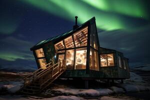 ai gegenereerd boeiend noordelijk lichten lucht houten huis gloed. genereren ai foto