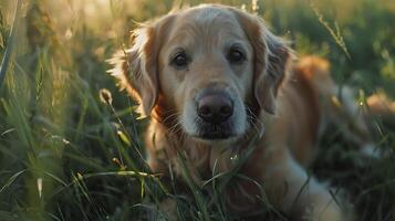 ai gegenereerd gouden retriever stoeien in met gras begroeid veld- gevangen genomen in detailopname 50 mm lens schot foto