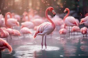 ai gegenereerd rustig flamingo meer water. genereren ai foto