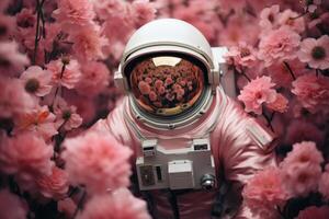 ai gegenereerd avontuurlijk roze bloemen astronaut. genereren ai foto