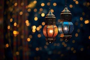 ai gegenereerd vreugdevol Ramadan Gefeliciteerd. voedsel lantaarn ontwerp foto