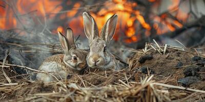 ai gegenereerd Internationale brandweerlieden dag, een familie van hazen tegen de achtergrond van een brandend Woud, Woud branden, redden van wild dieren, milieu ramp foto