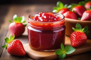 ai gegenereerd zoet toetje van vers bessen, BES marmelade, eigengemaakt jam met aardbeien, een pot van aardbei jam, eigengemaakt herfst voorbereidende werkzaamheden foto