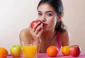 ai gegenereerd een vrouw genieten van een appel met een glas van oranje sap, zelf zorg voor Dames, mentaal Gezondheid bewustzijn, welzijn levensstijl foto