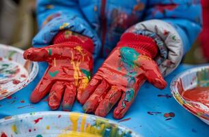 ai gegenereerd een persoon met rood handschoenen schilderij handen met verven Bij kunst werkplaats in kajokoroni dorp, wereld kunst dag fotografie foto