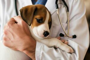 ai gegenereerd bijgesneden schot van dierenarts Holding puppy in handen en foto