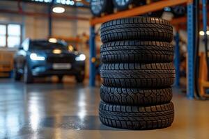 ai gegenereerd banden in een stack in een licht auto reparatie winkel met een auto in de achtergrond foto