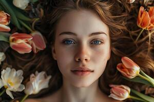 ai gegenereerd teder portret van een meisje omringd door tulpen, top visie, voorjaar humeur foto
