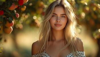 ai gegenereerd portret van een lief jong blond vrouw in een wit polka punt blouse te midden van zomer weelderig fruit bomen foto