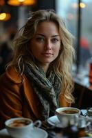 ai gegenereerd portret van een jong blond vrouw hebben lunch in een restaurant foto