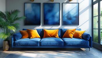 ai gegenereerd elegant huis interieur blauw sofa en helder geel kussens foto