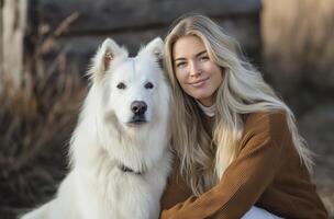 ai gegenereerd blond vrouw met wit hond foto