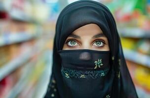 ai gegenereerd Arabisch vrouw boodschappen doen foto