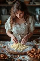 ai gegenereerd vrouw Koken koekjes met amandelen in de keuken foto