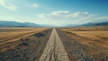 ai gegenereerd dor landschap, droog warmte, stoffig weg, verdwijnen punt horizon gegenereerd door ai foto