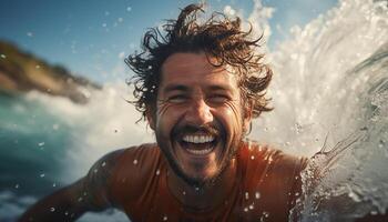 ai gegenereerd een vrolijk Mens genieten van een pret zomer dag door de water gegenereerd door ai foto