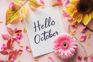 ai gegenereerd Hallo oktober kaart maand illustreren decoratie bloem naar vieren begin van de maand pastel achtergrond foto