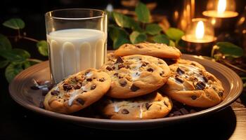 ai gegenereerd vers gebakken chocola spaander koekjes Aan een rustiek houten tafel gegenereerd door ai foto