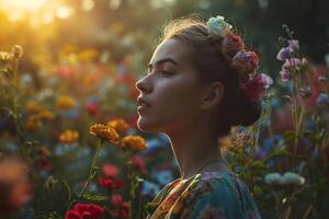 ai gegenereerd mooi jong vrouw in een sprookje voorjaar tuin foto