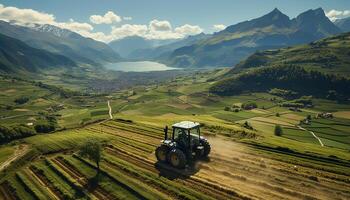 ai gegenereerd agrarisch landschap boer werken, trekker ploegen, bergen, groen weide gegenereerd door ai foto