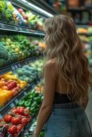 ai gegenereerd Kaukasisch vrouw browsen de gangpaden van een kruidenier op te slaan, voorzichtig selecteren vers produceren en boodschappen voor haar boodschappen doen kar foto