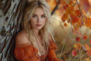 ai gegenereerd mooi blond vrouw in rood oranje jurk poseren door boom met kleurrijk bladeren foto