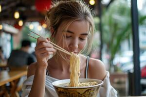 ai gegenereerd jong vrouw aan het eten Chinese noedels van een doos foto