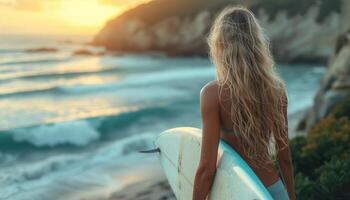 ai gegenereerd vrouw met surfboard Aan strand kust foto