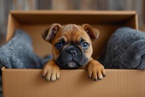 ai gegenereerd een Open doos met een schattig puppy gluren uit. klassiek leven kamer interieur in de achtergrond foto