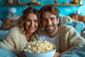 ai gegenereerd Mens en vrouw aan het kijken TV, zittend Aan sofa in blauw leven kamer, aan het eten popcorn foto