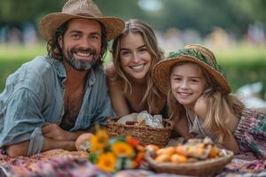 ai gegenereerd foto van een familie genieten van een picknick in de park, met een kleurrijk deken en behandelt