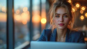 ai gegenereerd jong vrouw in blauw pak met laptop in kantoor foto