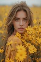 ai gegenereerd jong Kaukasisch vrouw Holding geel bloem boeket foto