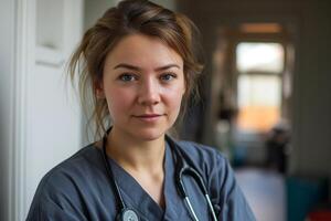 ai gegenereerd portret van een vrouw over 30 jaren oud in een grijs verpleegster uniform in een ziekenhuis foto