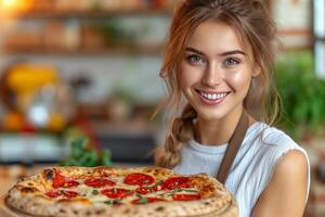 ai gegenereerd jong mooi vrouw met pizza foto