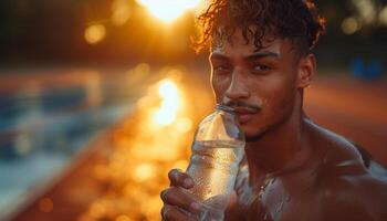 ai gegenereerd latino sprinter drinken isotoon water na oefening foto