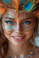 ai gegenereerd portret van gelukkig glimlachen vrouw in helder carnaval Venetiaanse masker Aan wit achtergrond foto