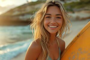 ai gegenereerd jong vrouw Bij de strand, uitstralend vreugde net zo ze houdt een surfplank, vastleggen de essence van exotisch schoonheid foto