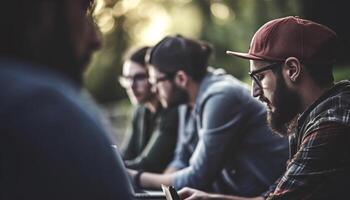 ai gegenereerd mannen en Dames zitten, werken, en glimlachen samen in kantoor gegenereerd door ai foto