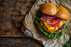 ai gegenereerd eigengemaakt hart vormig Hamburger met rundvlees, tomaat en sla Aan houten achtergrond foto
