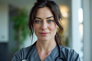 ai gegenereerd portret van een vrouw over 30 jaren oud in een grijs verpleegster uniform in een ziekenhuis foto